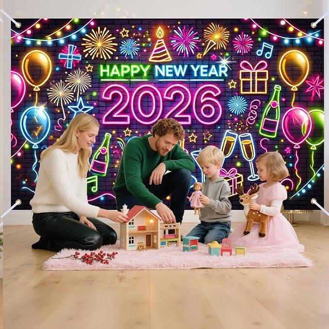 Nuxovilar Graffiti - Style Happy New Year 2026 Banner - Festive Party Decorations Backdrop with Balloons Cake, 71x43 Inch