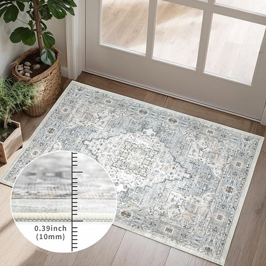 Washable 4×6 Area Rugs for Living Room, Vintage Floral Rug Soft Non Slip Stain Resistant Boho Carpet for Bedroom Dinning Room Kitchen Home Office Blue-Multi