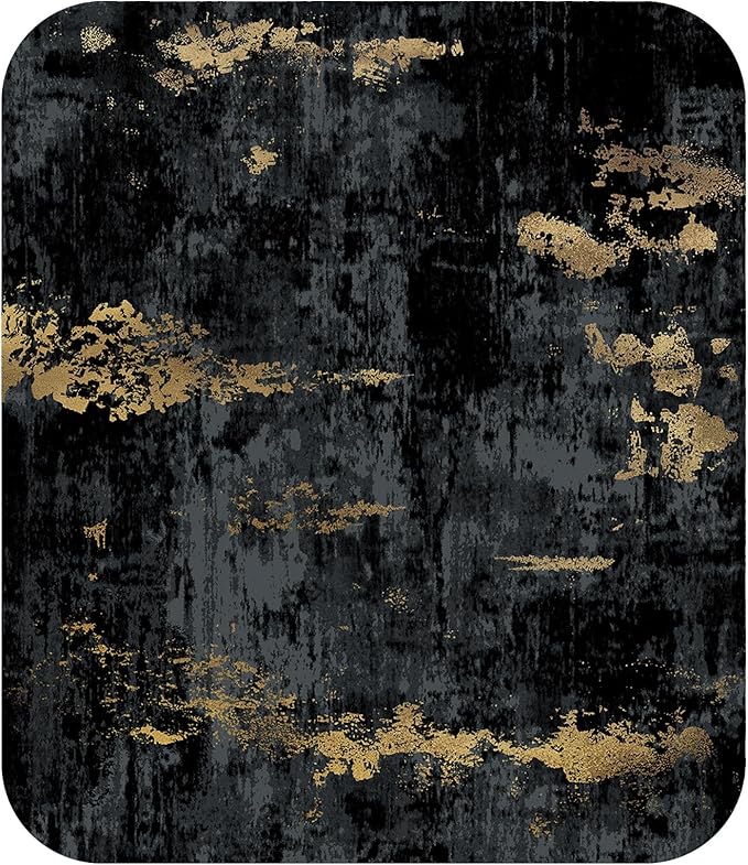 Washable Area Rugs Square 8ft Non-Slip Modern Abstract Soft for Living Room Entryway Bedroom Nursery, Print Pattern, Dark Black Gold