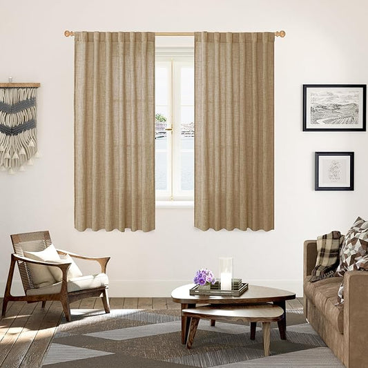 YoungsTex Burlap Linen Curtains 63 Inch Length for Living Room Window, Textured Semi Sheer Drapes Light Filtering with Rod Pocket Back Tab for Farmhouse Bedroom, Toffee, 52 X 63 Inch, 2 Panels