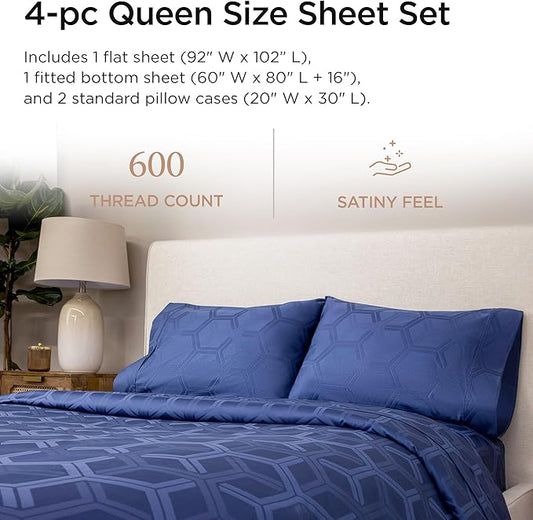 Threadmill 100% Cotton Sheets for Queen Size Bed - 600 Thread Count Queen Bed Sheets Set with 16” Deep Pocket - Jacquard Sateen Weave 4-Piece Bedding Set with Cooling Effect, Folkstone Blue