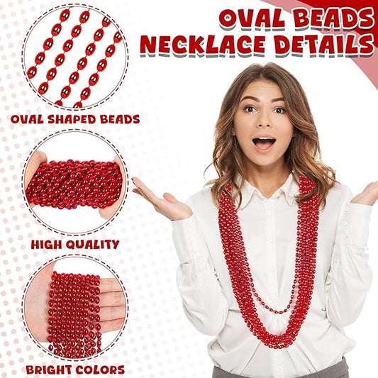 24PCS Mardi Gras Beads for Red Accessories, Metallic Red Bead Necklace, 32" Necklace Costume Oval Party Beaded Necklaces for Festival Parade Throw Accessories Wedding Valentines Christmas Party Favor