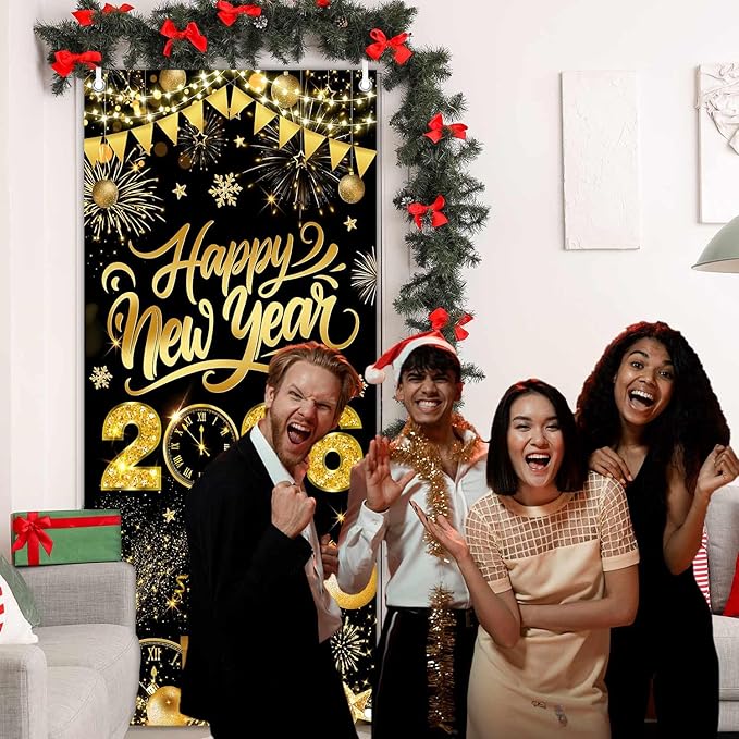 Black Gold Happy New Year 2026 Door Cover, Large 2026 NYE Front Door Banner New Year Eve Party Backdrop Decoration for Indoor Outdoor Festive NYE Hanging Sign