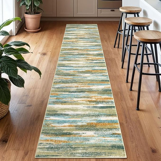 Modern Abstract Runner Rug 2x10, Green Mustard Multi Washable Long Kitchen Runner Non-Slip Soft Hallway Rug Runner Thin Print Faux Wool Carpet for Entryway Bedroom Laundry Room Indoor