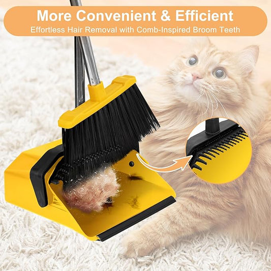 3-Pack Commercial Broom and Dustpan Combo Set, Industrial 51'' Broom and Dustpan Set, Large Standing Bulk Dust Pan Long Handle for Hall Office Garage Floor Outdoor - Bright Yellow