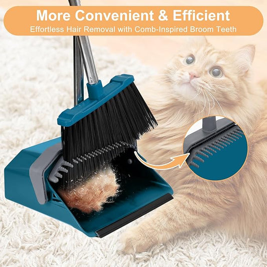 Broom with Dustpan Combo Set, Large Size Dust Pan Set with 51'' Long Handle, Stand Up Broom and Dustpan Suitable for Home Kitchen Lobby Office Pet Hair - Dark Blue
