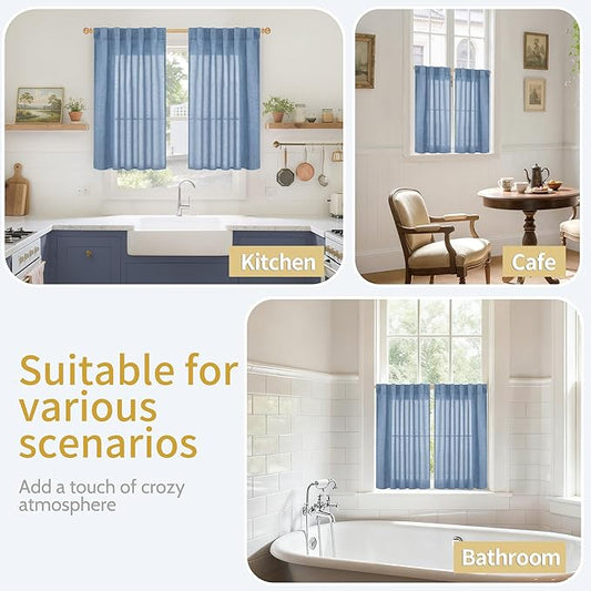 YoungsTex Denim Blue Linen Curtains 45 Inches Length for Kitchen Window, Short Light Filtering Drapes with Rod Pocket Back Tab Privacy for Cafe Bathroom Window, 42 x 45 Inch, 2 Panels