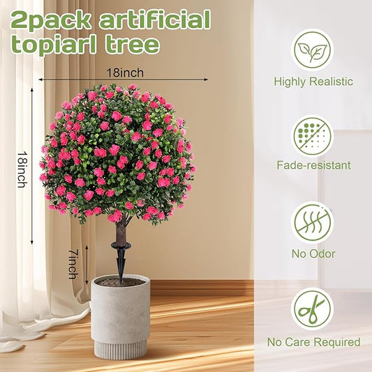 Artificial Pink Camellia Topiary Ball Tree 25" with Ground Spike, Set of 2 Artificial Boxwood Bushes for Faux Shrubs, Fake Evergreen Faux Plant for Indoor Outdoor Garden -UV Resistant–Fade-Proof