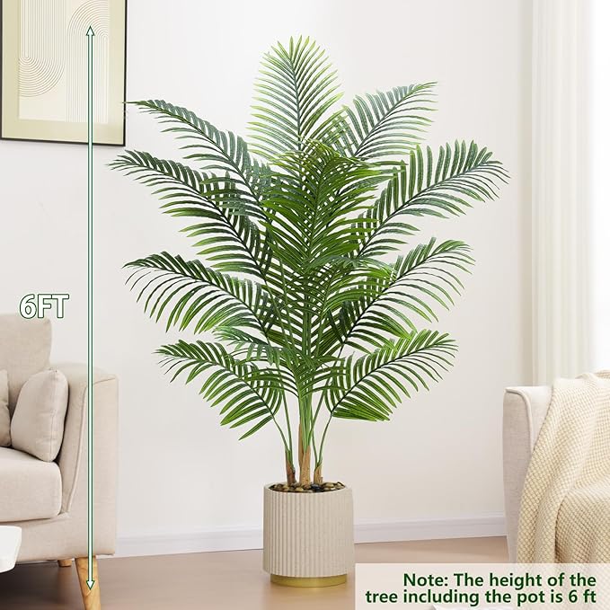 2 Pack Artificial Palm Tree Indoor Plant 6FT Tall Fake Tropical Palm Tree in Pot, Real Bark Design Faux Areca Palm Tree for Home Office Living Room Bedroom Farmhouse Modern Outdoor Topiary Tree