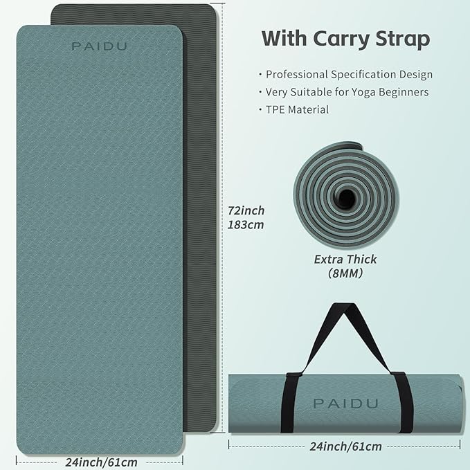 Yoga Mat 8mm Super Thick TPE Fitness Mat | SGS Certified | Non-Slip, Odorless & Tear-Resistant | Unisex with Strap | for Yoga, Pilates, Meditation & Home Workouts
