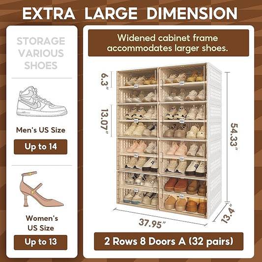 ANTBOX Foldable Shoe Rack Cabinet with Clear Doors, Extra Large Shoe Organizer for Entryway & Closet, Portable Dust-Free Storage Shelf Holds 32 Pairs (X-Large 32 Pairs)