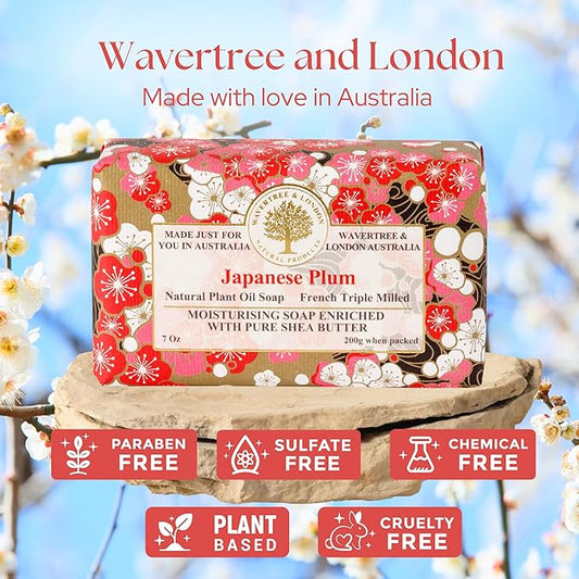 Wavertree & London Japanese Plum Scented Natural Soap Bar, 7oz Moisturizing French Triple Milled Soap Bar for Women & Men Enriched with Organic Shea Butter, Pure Bath & Body Soap (1 Bar)
