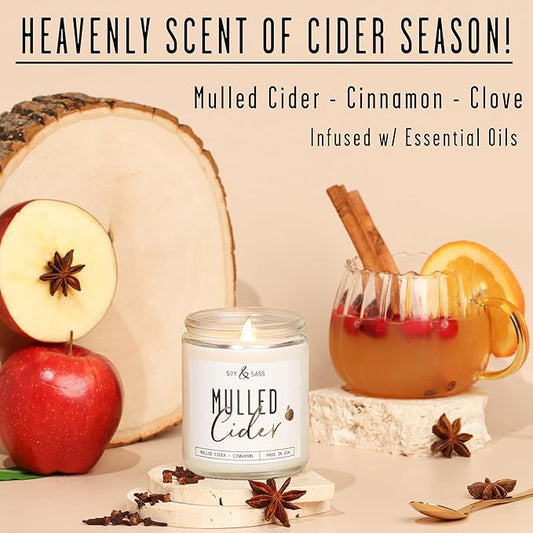 Mulled Cider Candle, Fall Candles I Apple Cider Candle w/Cinnamon & Nutmeg - Infused w/Essential Oils I Mulled Cider Fall Scented Candles (Soy) for Home I 9oz Reusable Jar I 50Hr Burn I Made in USA