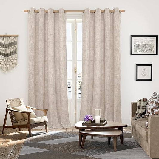 YoungsTex Extre Long Linen Curtains 102 Inch Long for Living Room Linen Textured with Bronze Grommet Burlap Drapes Light Filtering, Natural, 2 Panel, 52 X 102 Inch