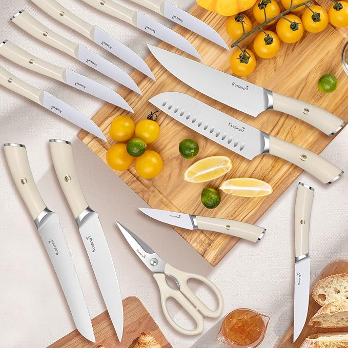 Kuisine Chef Knife Set,High Carbon Stainless Steel Block Knife Set,Knife Block Set with Built-in Sharpener,Sharp Knife Set Forged,Elegant Gift(Ivory,15pcs)