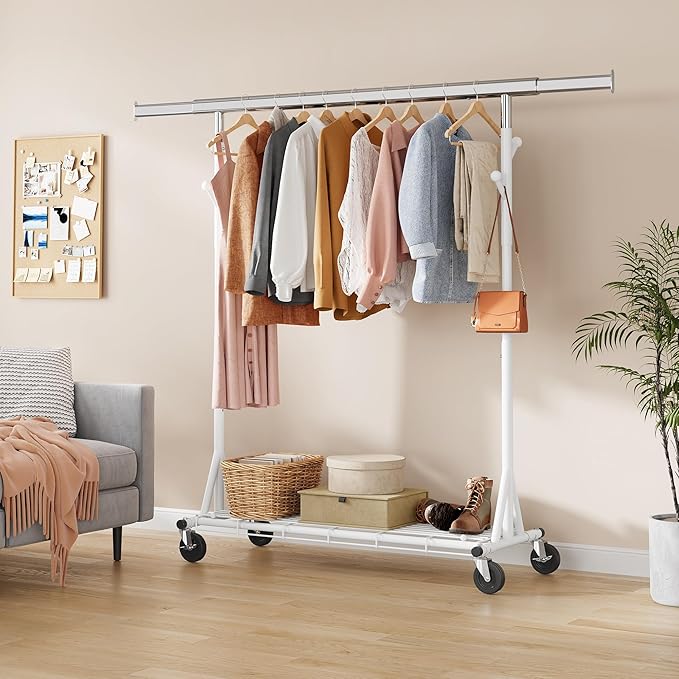 Heavy Duty Clothes Rack Load 530 LBS Metal Clothing Garment Rack Hang 200 pieces of clothing on Wheels Collapsible Rolling Portable & Adjustable with Hook for Hanging Clothes White