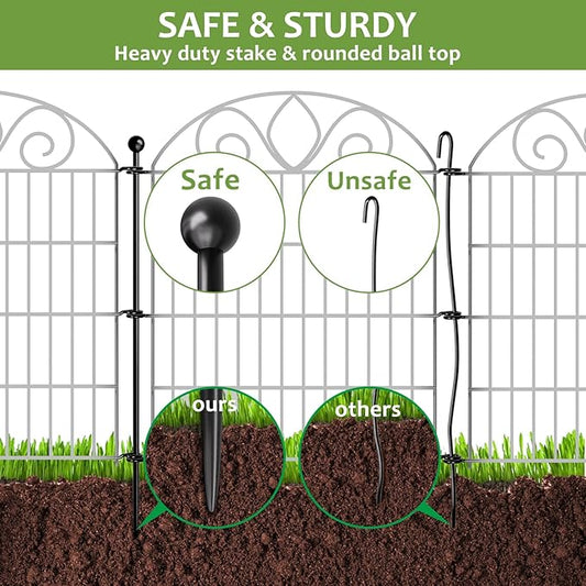 10 Panels No Dig Decorative Garden Fence with Gate – 28" H X 19.6' L Rustproof Metal Dog Fence Outdoor for Yard, Animal Barrier Fence for Pet, Garden Border, Patio, Flower | Temporary Fencing