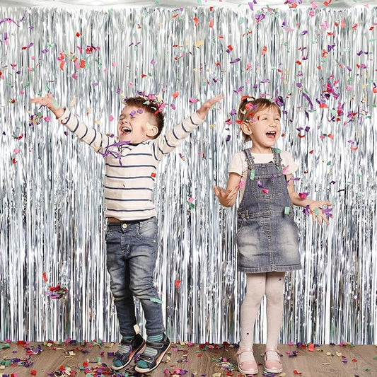 GOER 3.2 ft x 8.2 ft Metallic Tinsel Foil Fringe Curtains Party Photo Backdrop Party Streamers for Birthday,Graduation,New Year Eve Decorations Wedding Decor (Silver,1 Pack)