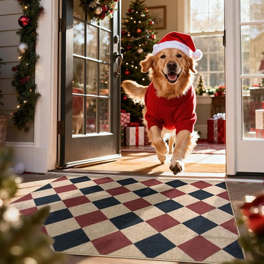 Lahome Christmas Outdoor Rug, 3x5 Outdoor Christmas Decor Rugs for Entryway Front Door Indoor Outdoor Plaid Carpet, Checkered Red and Black Non Shedding Carpet for Patio Porch