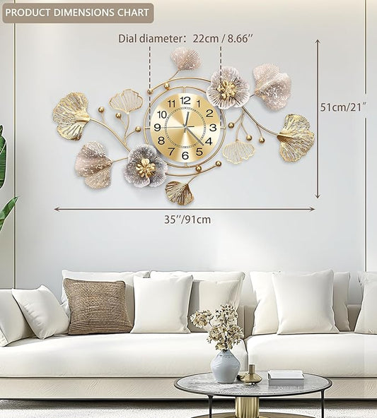 Clocks for Living Room, Large Wall Clock, 3D Silent Wall Clock, Retro Metal Ginkgo Leaf Design, for Bedroom Kitchen Decorative Wall Clocks(35''x20'' )