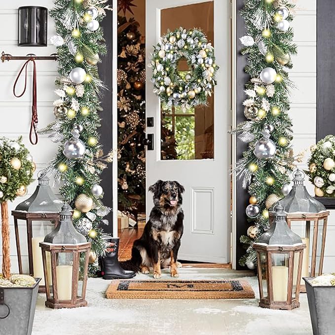 WANNA-CUL Pre-Lit 30 Inch Large Christmas Wreath for Front Door with 50 Led Lights,Champagne Gold Lighted Christmas Door Wreath Decor with Ball Ornaments, Battery Operated