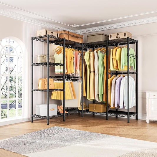 Heavy Duty Garment Rack Clothes Rack,Large Metal Closet Organizer System Storage Wardrobe,Freestanding Clothing Rack with Adjustable Wire Shelves& Hang Rods,MaxLoad 1100lbs