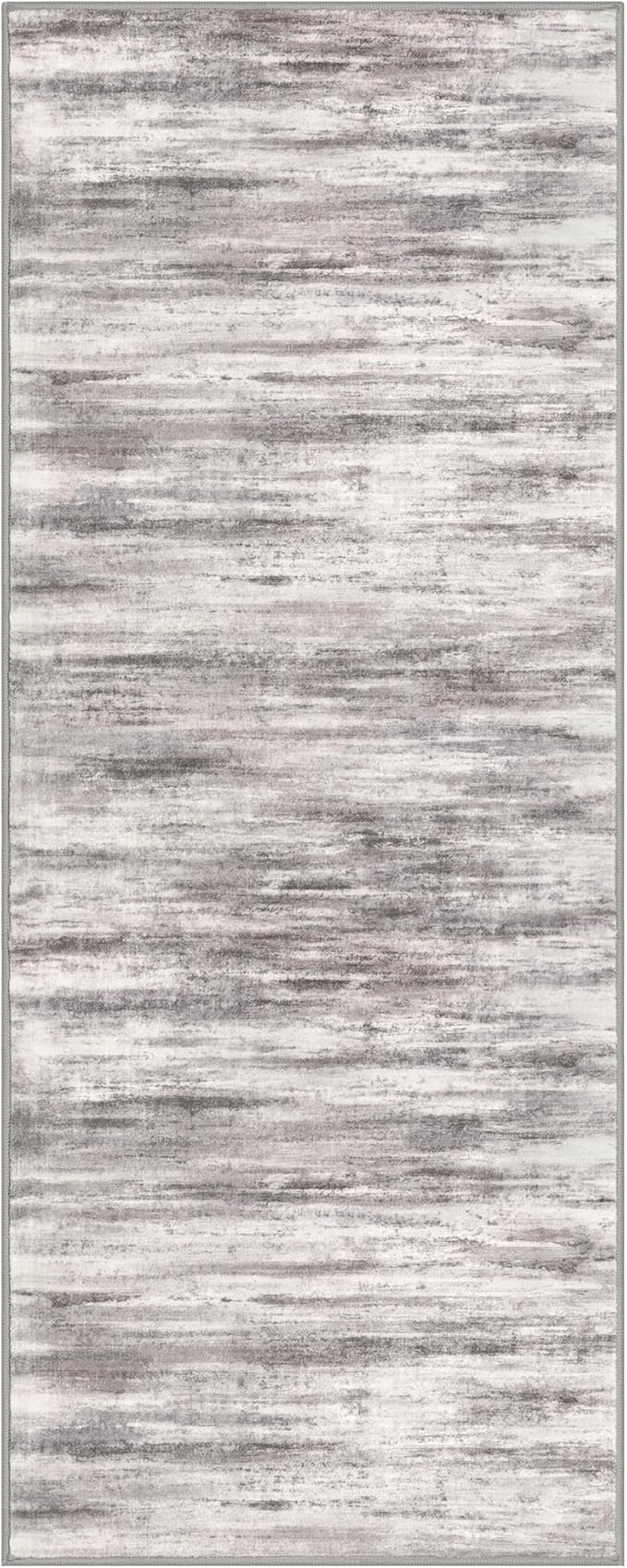 KOZYFLY Modern Abstract Washable Rug Runner 2x5 Hallway Rug Runner Non-Slip Soft Kitchen Runner Rugs, Grey-Beige Striped Carpet for Entryway Bathroom Laundry Room Foyer
