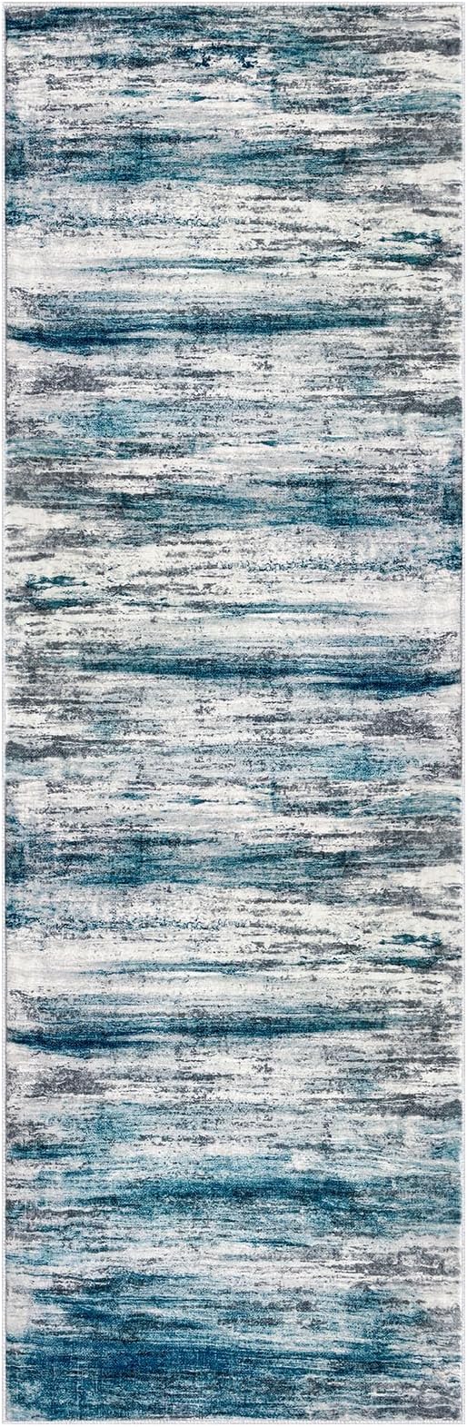 KOZYFLY Modern Abstract Runner Rug, 2x7 Kitchen Rugs Non-Slip Washable Soft Striped Runners for Hallways, Print Blue Carpet Runner for Entryway Bathroom Laundry Room Foyer