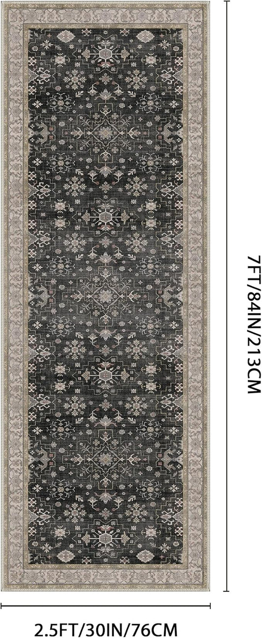 GENIMO 2'5x7 Runner Rug,Machine Washable Non-Slip Vintage Rugs,Low Pile Lightweight Carpet for Bedroom,Hallway,Entryway,Kitchen,Bathroom,Black