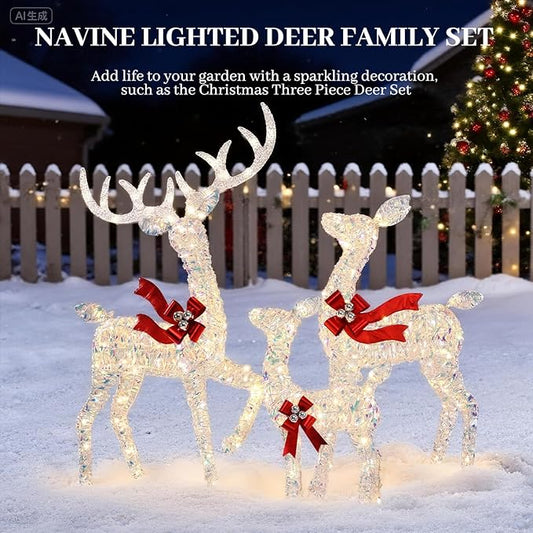 3-Piece Large Lighted Christmas Deer Family Set, Christmas Indoor and Outdoor Decoration with 225 Warm White LED Lights, Ground Pegs, Cable Ties. Suitable for Patio Lawn Garden Party-Colorful