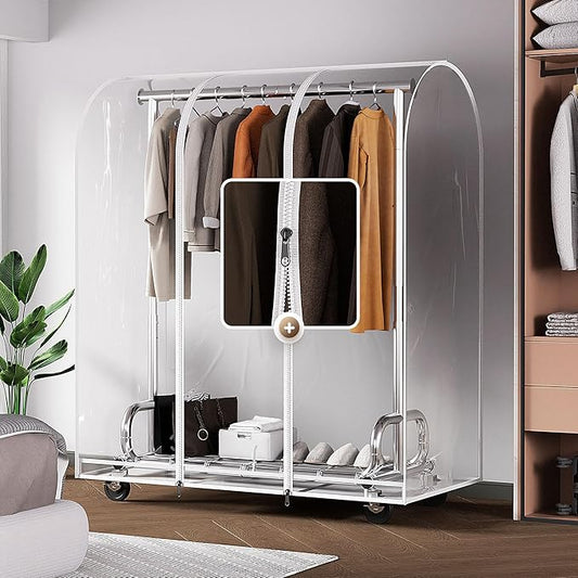 HOKEEPER Clothes Rack with Cover Clothing Racks for Hanging Clothes Heavy Duty Garment Rack, Adjustable Coat Rack with Lockable Wheels, Portable Closet for Bedroom, Living Room Laundry, Balcony