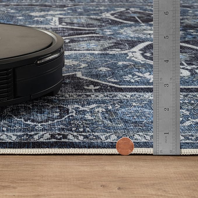 Bloom Rugs Caria Washable Non-Slip 6x9 Rug - Blue/Charcoal Traditional Area Rug for Living Room, Bedroom, Dining Room, and Kitchen - Exact Size: 6' x 9'