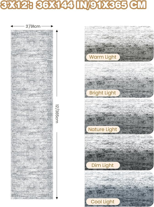 3x12 Runner Rug for Hallway, Non-Slip Long Bathroom Rugs Runner for Kitchen, Bedroom, Soft Vintage Abstract Washable Rug for Entryway, Thin Floor Mat for Dining Room(3'x12', Grey/Ivory)