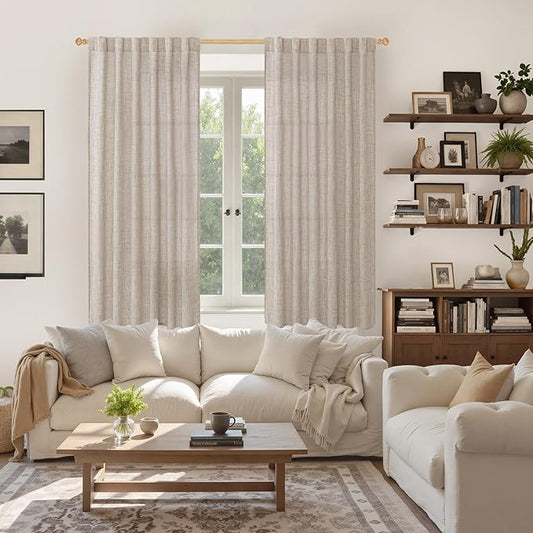 YoungsTex Beige Linen Semi Sheer Curtains 63 Inch Length for Living Room, Light Filtering Window Drapes with Rod Pocket Back Tab Natural Textured for Country Bedroom, 2 Panels, 52 X 63 Inch