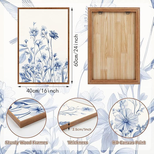 HLNIUC Bule Flower Bird Wall Art Set,Watercolor White&Blue Wildflower Poster,Farmhouse Vintage Blue Bird Blossoms Canvas Painting,Botanical Floral Canvas Art Print for Living Room Bedroom-16 x24 x3