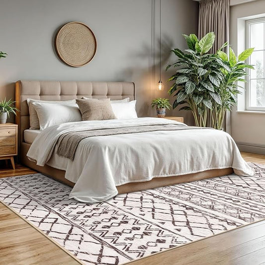 KUTA Boho Living Room Rug 8x10, Moroccan Brown Cream Washable Area Rugs 8x10 Non Slip, Ultra Soft Print Distressed Geometric Low-Pile Throw Carpet for Bedroom Nursery Dorm Decor