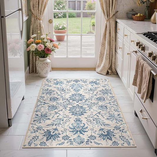 jinchan 3x5 Area Rugs for Entryway, Vintage-Inspired Floral Design Machine Washable Non-Slip Low-Pile Rug, Ultra-Thin Indoor Traditional Accent Carpet for Entrance Kitchen Bedroom Hallway, Dark Blue