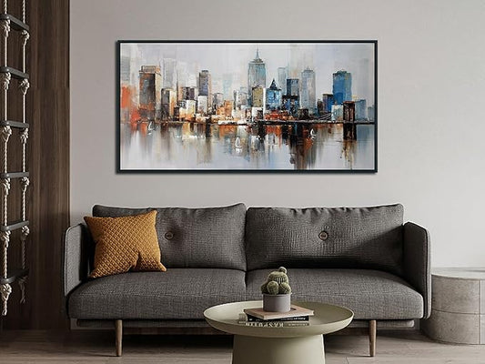 Arjun NYC Skyline Wall Art Framed Canvas Modern New York Abstract Cityscape Painting, Brooklyn Bridge Textured Picture for Living Room Bedroom Home Office Wall Decor, Large Black Wood 40"x20"