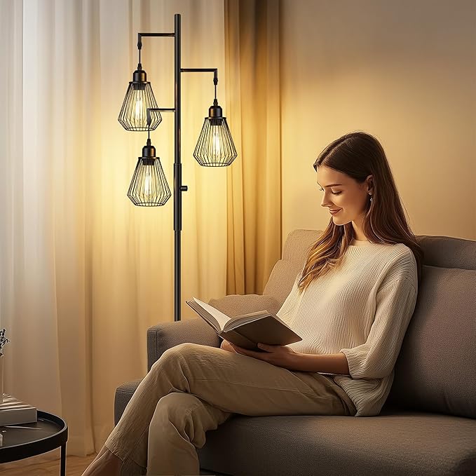 QiMH Industrial Floor Lamps for Living Room, Tree Standing Lamp with Stepless Dimmable, 68" Modern Tall Stand up Lamps for Bedroom Study Office, E26 Socket, 3 LED Bulb Included, Black