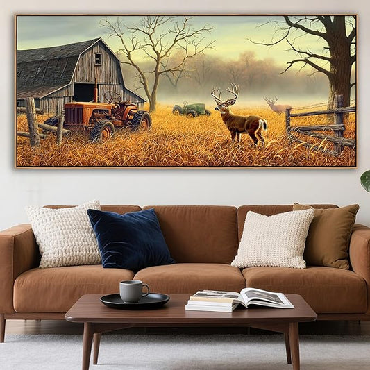 XLSJERST Deer Wall Art for Living Room Canvas Prints Decor Country Tractor Rustic Wildlife Cabin Hunting Picture Glass Surface Artwork for Bedroom Home Office 86x39 Inches