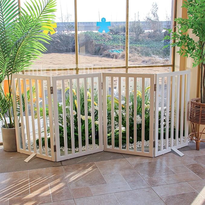 Dog Gate Indoor, Freestanding Dog Fence for The House, Doorways, Hallways,or Stairs,Pet Gate Foldable Wooden,Expandable 32" Height 4 Panels,White