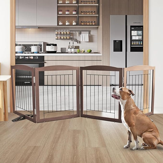 ZJSF Freestanding Dog Fence Indoor, Foldable Dog Gate for Doorways, Stairs or Hallways, Sturdy Wood Extra Wide Pet Gate with Support Feet for The House, Brown, 24 "Height-4 Panels