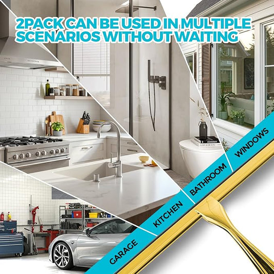 2PACK 12-Inch Golden All-Purpose Shower Squeegee for Shower Doors, Bath Linen Sets, Tile Shower Walls, Bathroom, Window, Glass and Car Windshield, Mirrors and Kitchen-Stainless Steel