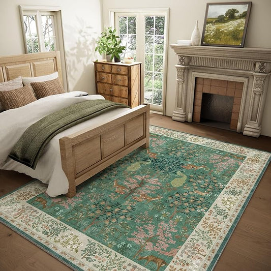 Washable Area Rugs for Living Room: 8x10 Bedroom Rug Vintage Area Rug Stain Resistant Non Slip Low Pile Lightweight Soft Carpets for Living Room Dining Room Kitchen Nursery Kids Room Farmhouse