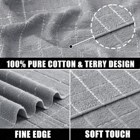 Mordimy 100% Cotton Terry Cloth Dish Cloths, Soft and Absorbent Checkered Dish Towels, Quick Drying Dish Rags for Washing Dishes, 8 Pack, 12 x 12 Inches, Light Grey