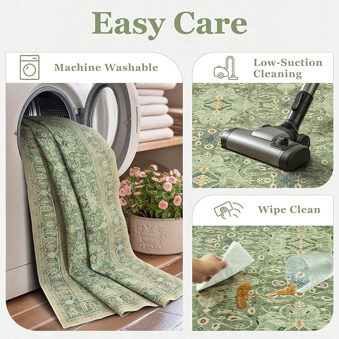 Sage Green 5x8 Area Rug, Non Slip Washable Rugs for Living Room Bedroom Low Pile Thin Soft, Boho Floral Moroccan Pattern Printed Carpet Rug for Nursery Playroom Dining Room Home Office