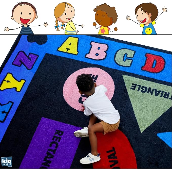 Shapes with The Alphabet Classroom Rug 7'6" x 12' Rectangle, Educational Classroom Rug, Kids Learning Play Mat | Area Rug for Bedroom or Playroom