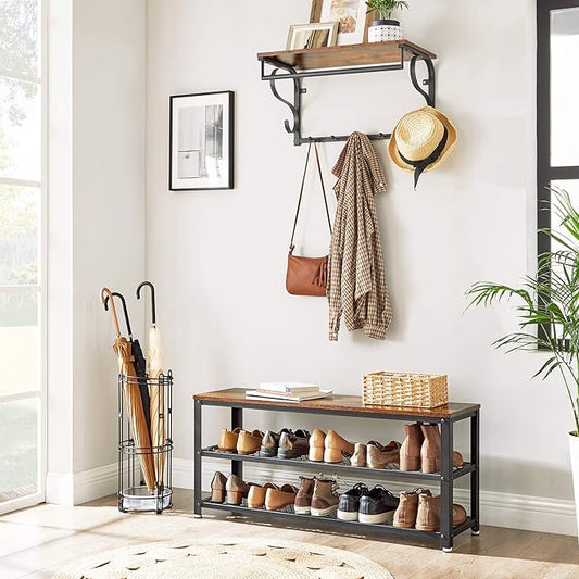 VASAGLE, 3-Tier Shoe Rack, Shelf Storage Bench with Metal Mesh Shelves and Seat, Free Standing Shoe Organizer for Entryway, 11.8 x 39.4 x 17.7 Inches, Rustic Brown and Black ULBS078B01