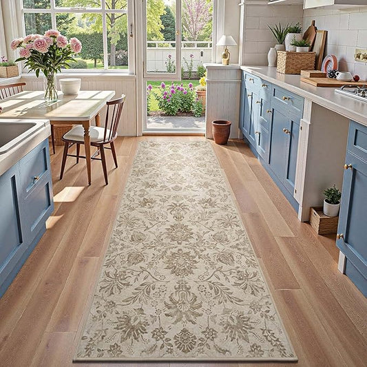 jinchan Runner Rugs 3x10, Vintage-Inspired Floral Neutral Design Machine Washable Non-Slip Ultra-Thin Low-Pile Rubber Backing Traditional Rug for Kitchen Hallway Laundry Room Entryway Taupe