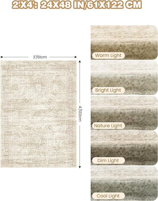 2x4 Washable Rug Runner for Bathroom, Soft Entryway Rug for Laundry Room, Kitchen, Vintage Abstract Hallway Runner for Bedroom, Anti-Slip Door Mat Indoor Entrance(2'x4', Beige/Ivory)